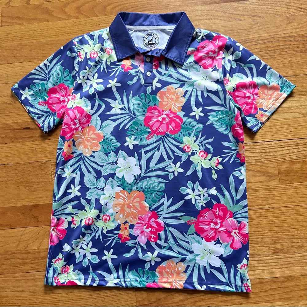 PROUD 90 Golf is Fun Polo Shirt Floral Hawaiian Print Mens Small